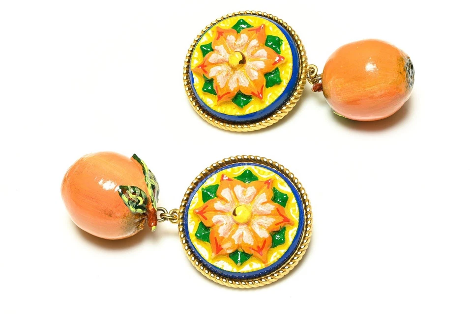 Pendientes Dolce and Gabbana Verde Amarillo Esmalte Naranja Fruta Foto 2 de 3