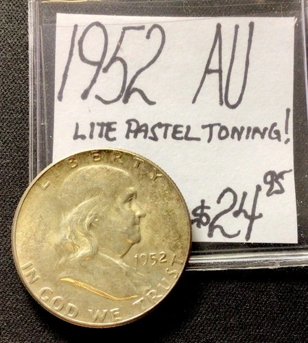 1952 Franklin Silver Half Dollar AU! Lite Pastel Toning! ENN Coins