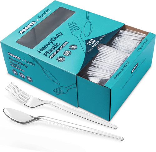 Plastic Forks and Spoons Silverware Set 150PCS, Heavy Duty Utensils 75 Clear