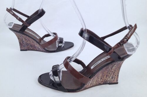 NEW!Manolo Blahnik 'Villano' Ankle-Wrap Patent Wedge Sandal-Size US 9/EU39-(P21) - Picture 1 of 6