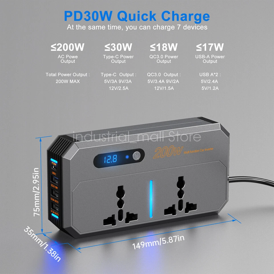 200W Charging Power Inverter Car Socket DC AC USB Fast Charger Power Adapter CN - Image 2 of 4