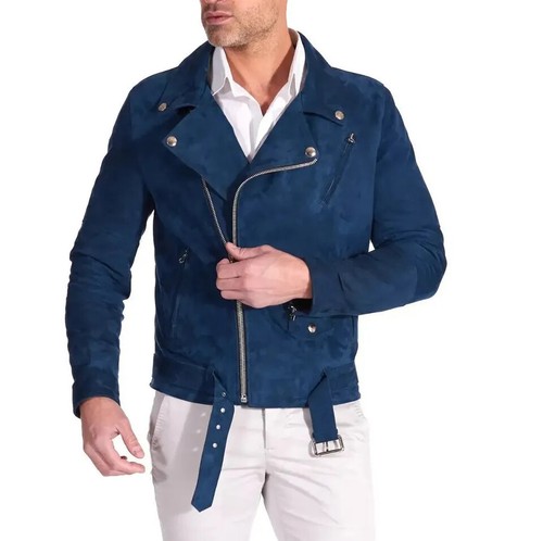 Men's Navy Blue Genuine Pure Soft Suede Leather Jacket Motorcycle Biker Casual - Picture 2 of 7