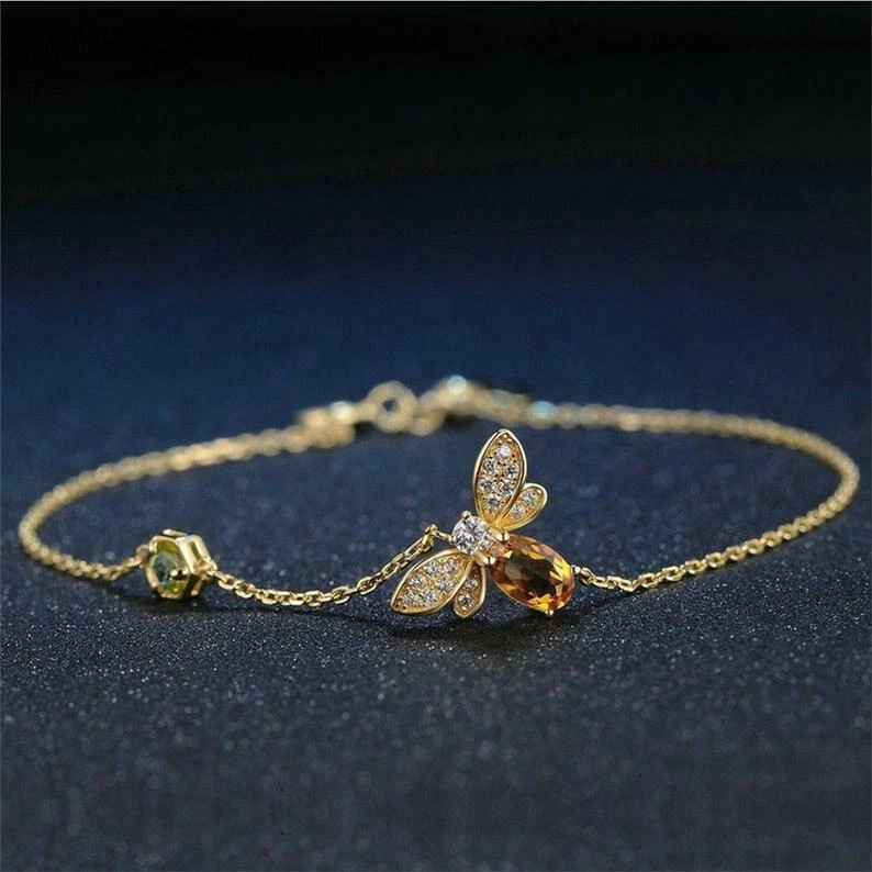 Hermoso Brazalete Fino Abeja Mielosa con Citrino Naranja y Circonita Blanca Oro Amarillo 14K Foto 4 de 4