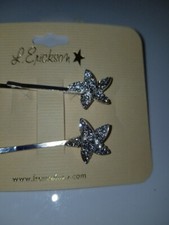 L Erickson CRYSTAL Starfish Bobby Pin Pair SILVER Tone STAR France Luxe NEW
