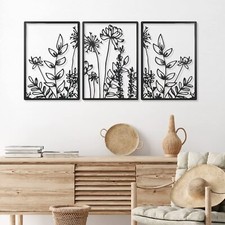 3 Pcs Black Metal Flower Wall Art Minimalist Flower Line Sculpture 16.5"x9.8"