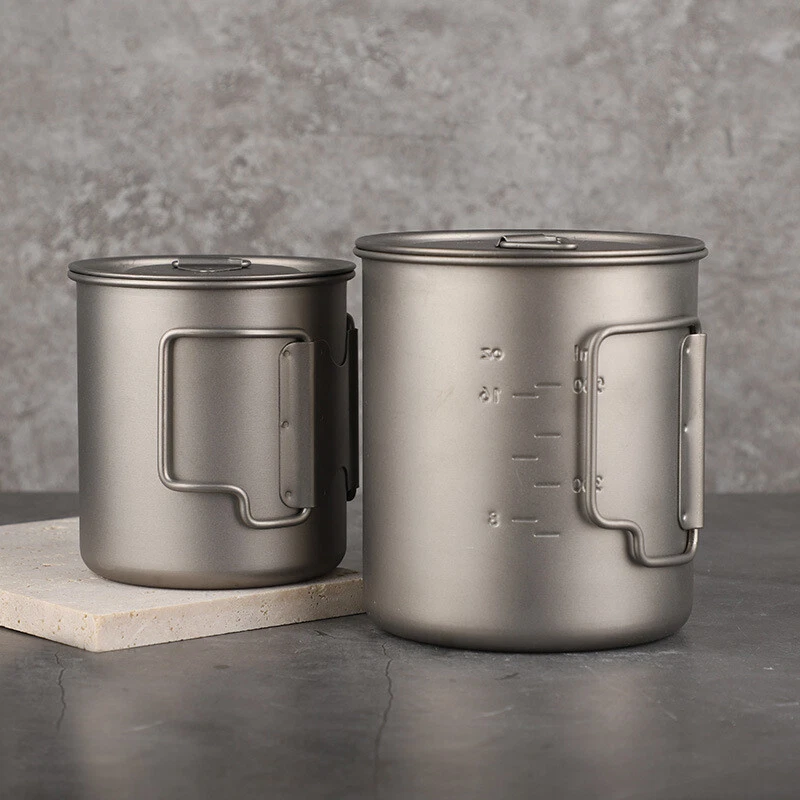Juego de ollas de titanio 420 ml 750 ml con mango plegable - taza de camping al aire libre Foto 3 de 4