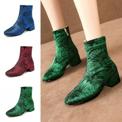 New Women Chelsea Vintage Pattern Pointy Toe Block Heel Ankle Boots Warm Shoes D New Women Chelsea Vintage Pattern Pointy Toe Block Heel Ankle Boots Warm Shoes D