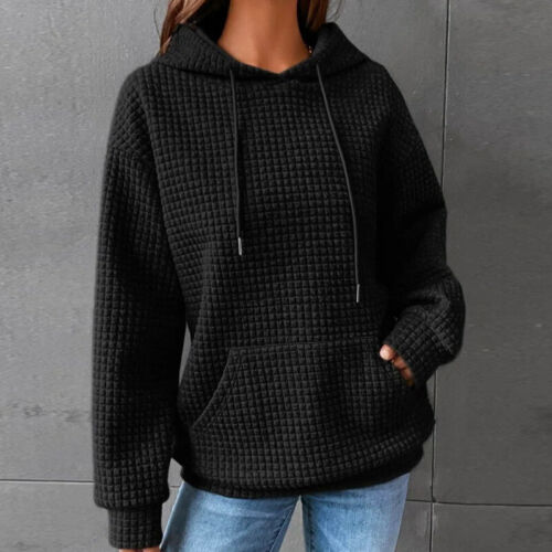 Langärmliges Damen-Sweatshirt Mit Kapuze Waffel-Oberteil Kordelzug- < - Bild 19 von 31