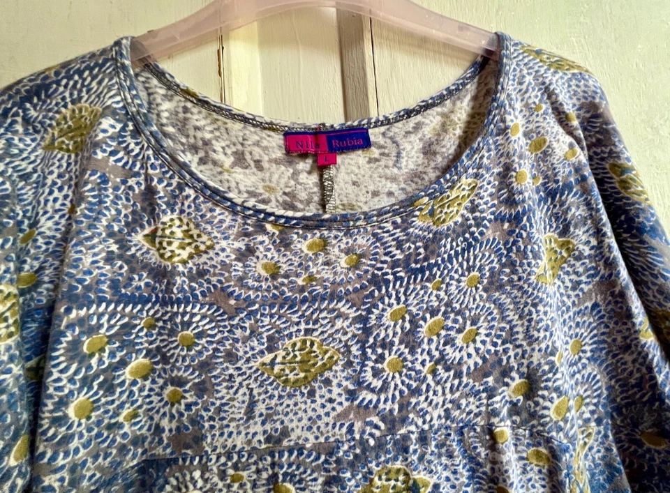 NILA RUBlA Dress Large Blue Roshan Bubble Cotton Jersey Block Print Round Neck - Image 3 of 4