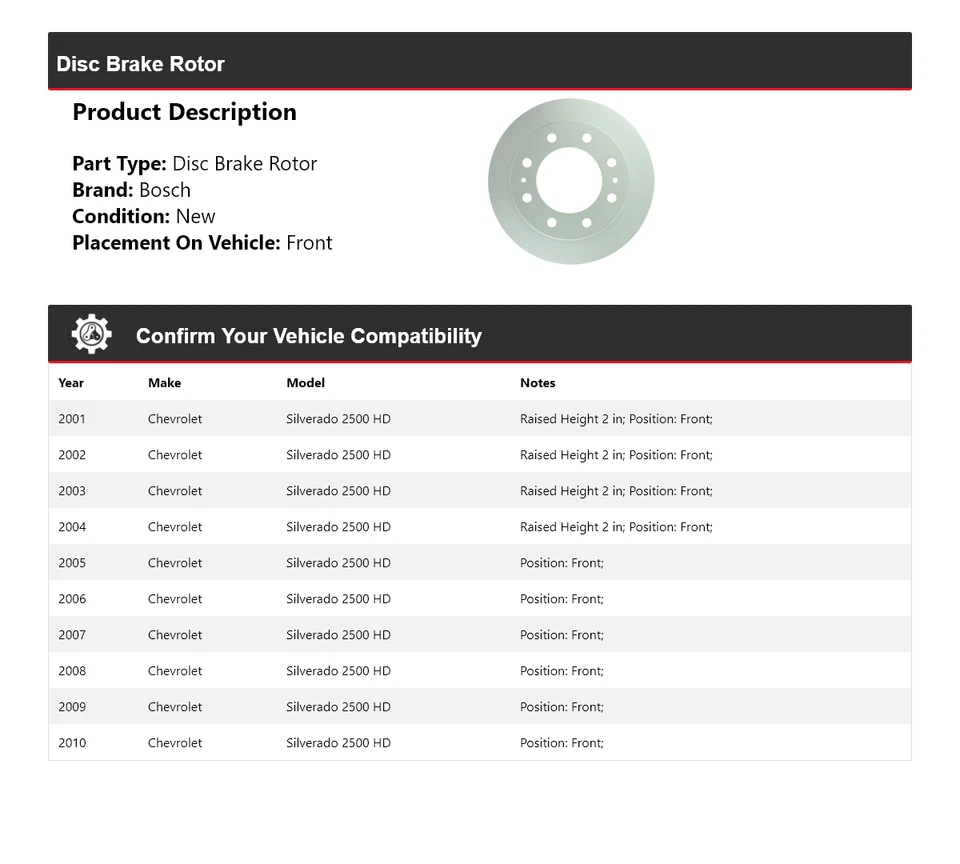 Rotor de freno de disco delantero Bosch QuietCast 2001-2010 Chevrolet Silverado 2500 HD Foto 2 de 4