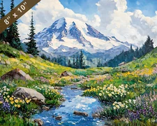 Mount Rainier with wildflowers oil painting 8x10 Print