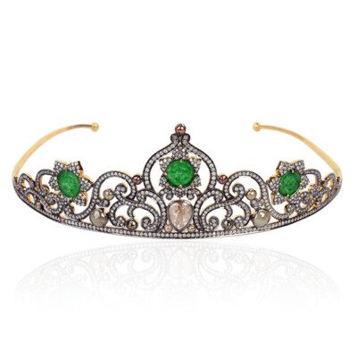 Diamond Carved Blue Jade Antique Look Tiara 925 Sterling