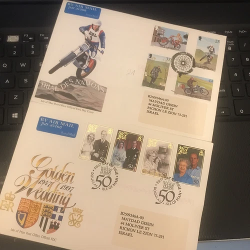 ISLE OF MAN 2 FIRST DAY COVER 1997 GOLDEN WEDDING & TRIAL DES NATIONS TT AS SCAN