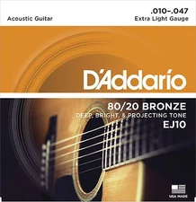 D'Addario EJ10 80/20 Bronze acoustic guitar strings, Extra Light .010-.047