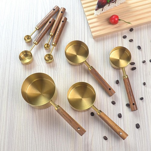8 Pieces Measuring Cups and Spoons Set Wooden Handle Stainless Steel Measuring - Picture 2 of 7