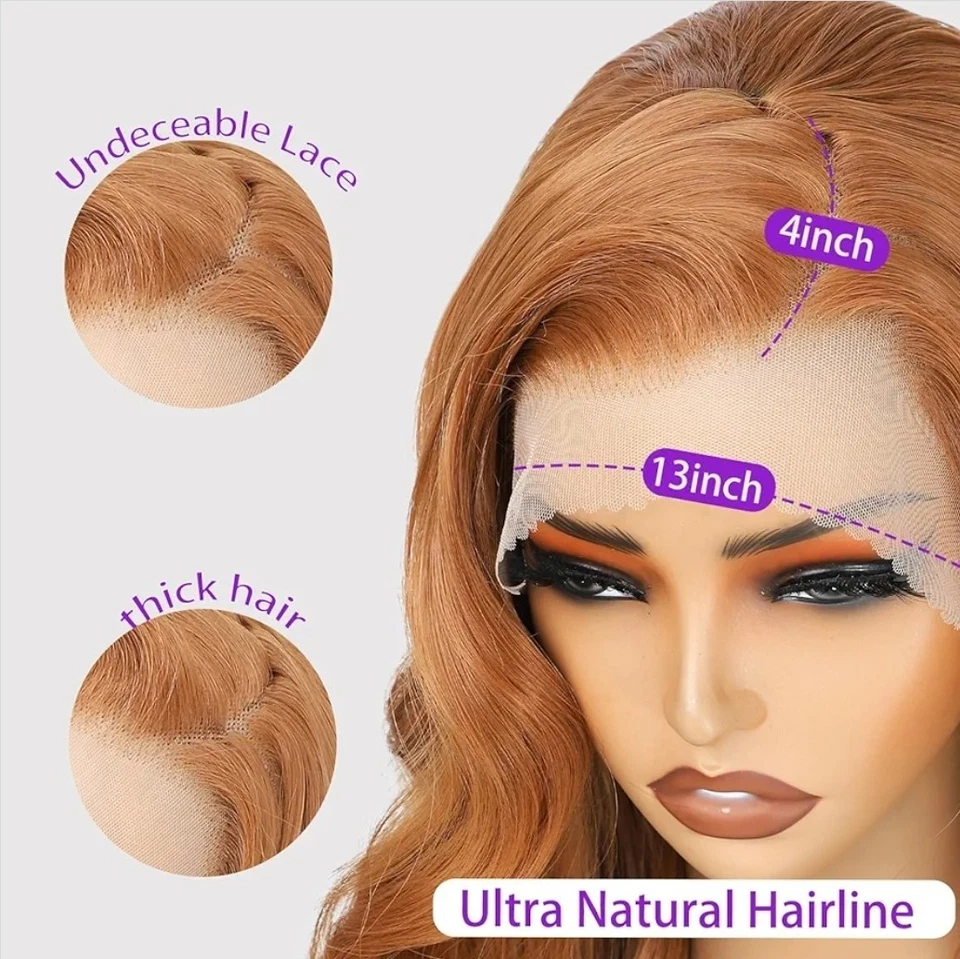 Peluca larga HD transparente de encaje frontal castaño rojizo rojo rubio cabello humano rizos ondulados Foto 4 de 4