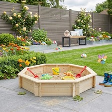 Wooden Kids Sandpit Outdoor Hexagonal Garden Play Sandbox with Lining Natural