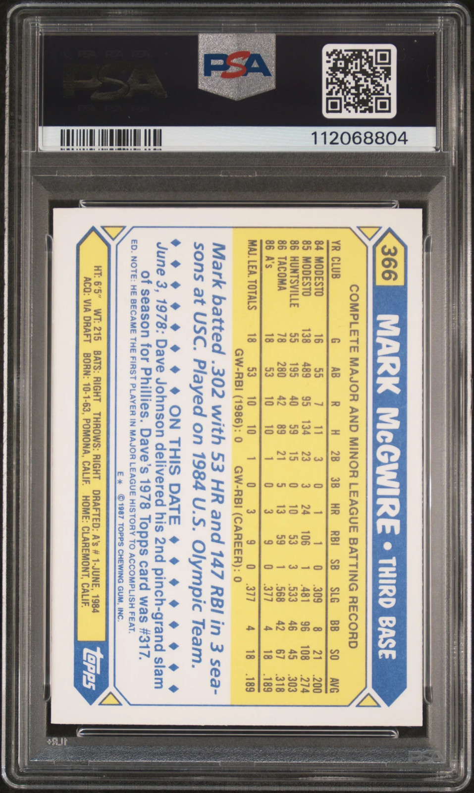 1987 Topps Tiffany Mark Mcgwire #366 PSA 9 Auto 10 view 2