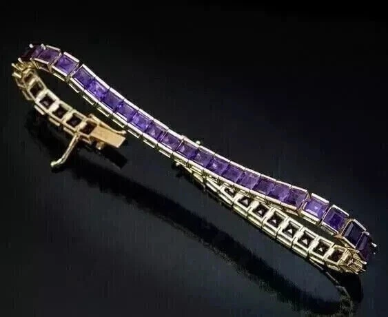 7CT Princess Lab Created Amethyst Men's Tennis Bracelet 14K Yellow Gold Finish - Image 3 of 3