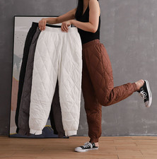 Elastic Waist Women Winter Warm Down Cotton Thick Pants Padded Quilted Trousers