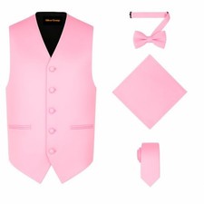 4pc Men's Solid Formal Suit Waistcoat Tuxedo Dress Vest Necktie X-Small Pink