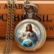 Vintage Jesus Christ Pocket Bronze Pocket Watch Quartz Chain Classic Fashion