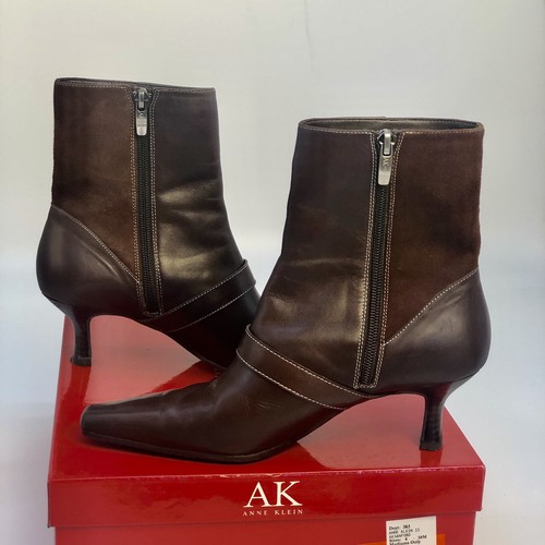 Anne Klein Aksanford Brown Leather / Suede AK Side Zip Ankle Boots 6M - Picture 3 of 13