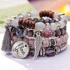 4Pcs/Set Pendant Beads Bohemian Bracelets Women Lava Stone Wristband Bangles