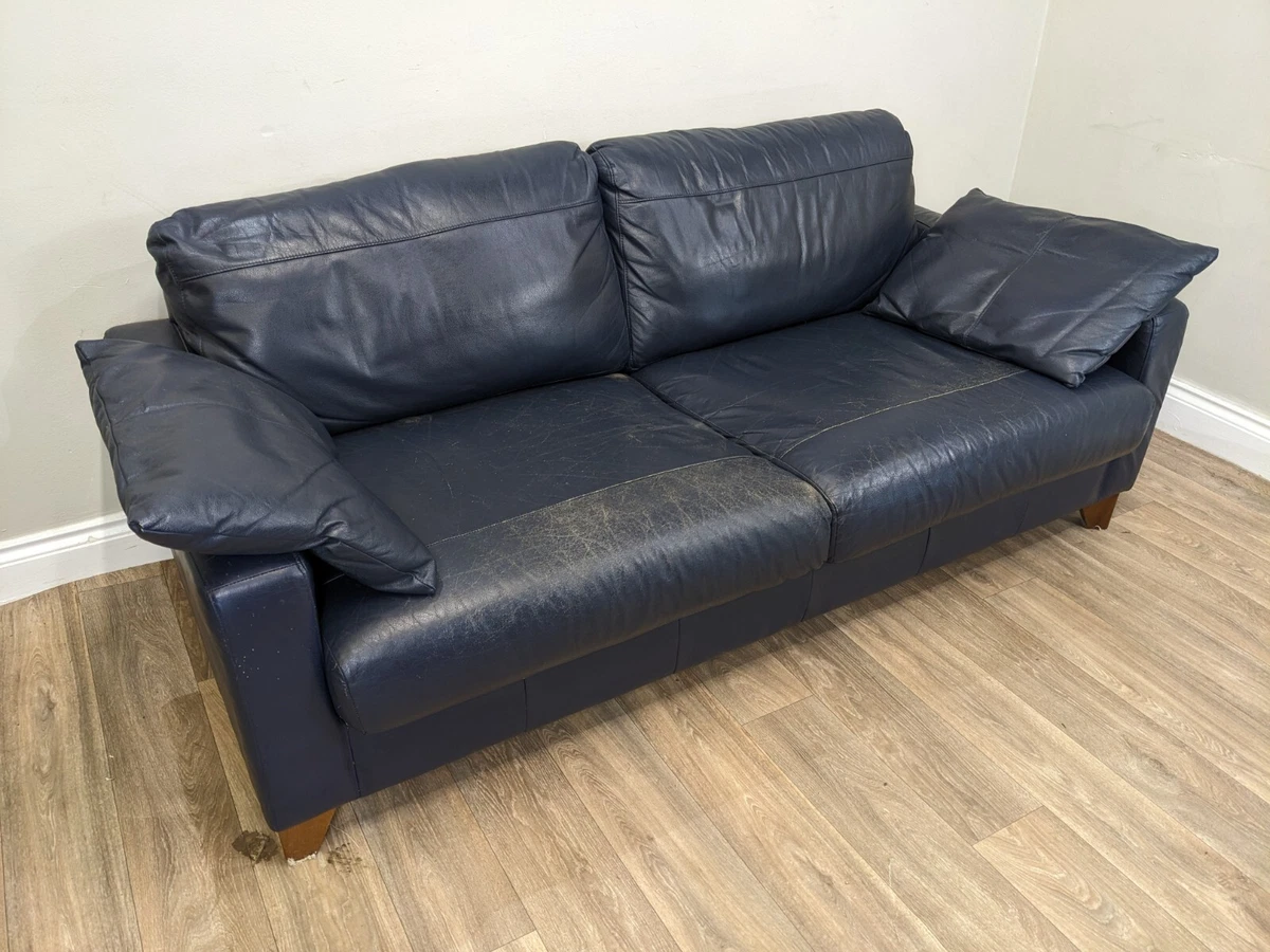 SOFA 3 Seater Blue Leather Deep Cushions Wooden Feet Side Cushions
