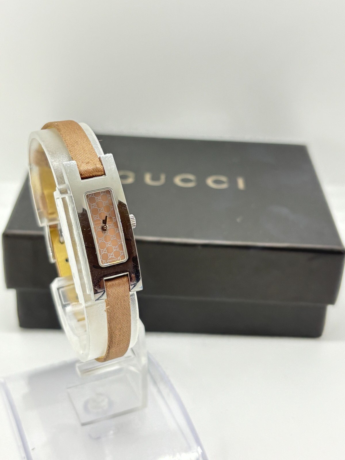 [Exc+5 w/Box] GUCCI 3900L Silver Dial Quartz Brown Pink Women's Watch Used F/S