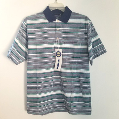 Jantzen Classics Polo Shirt Mens Medium Navy White Striped Golf Tennis Casual