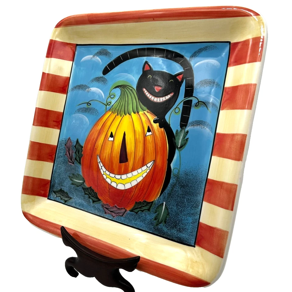Plato de cena cuadrado Jack O' Lantern de gato negro de Halloween 11" Wendy Bentley Foto 3 de 4