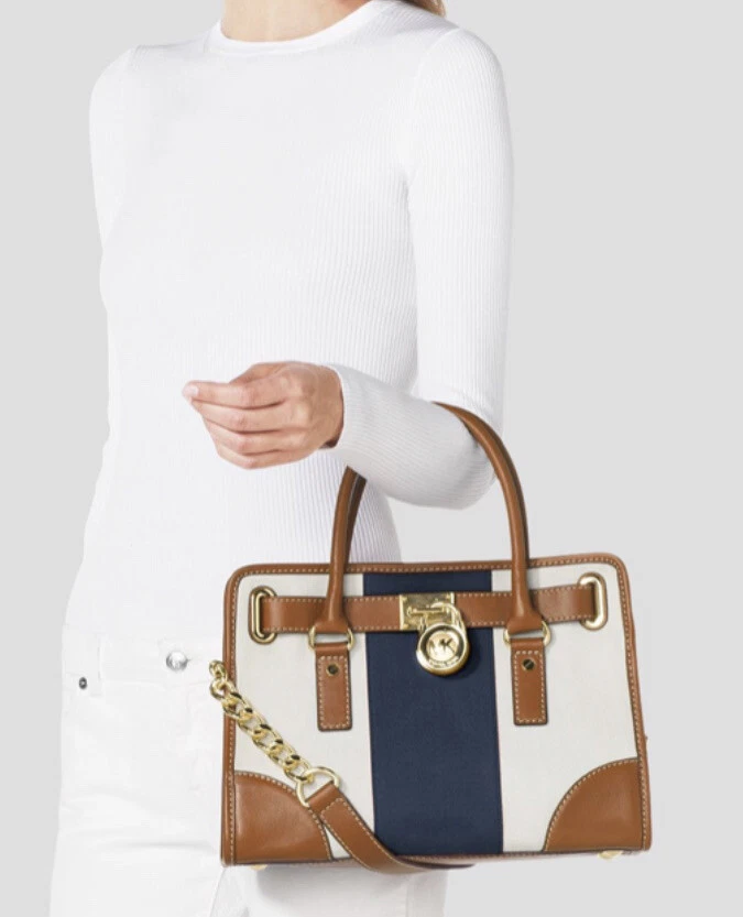 MICHAEL KORS EAST WEST HAMILTON MONO STRIPE CANVAS SATCHEL BAG