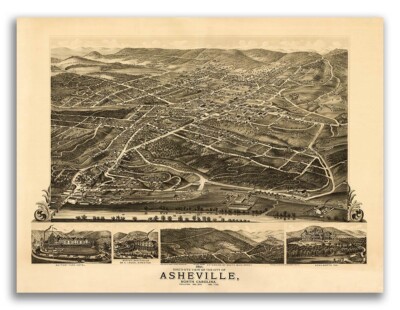 Bird's Eye View 1891 Asheville North Carolina Vintage Style City Map - 20x28