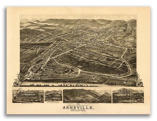 Bird's Eye View 1891 Asheville North Carolina Vintage Style City Map - 20x28