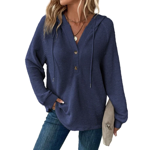 Women's hooded waffle knit button V-neck long sleeved sweater sweatshirt top- - Bild 7 von 43