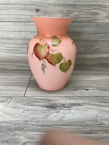 Fenton  "Autumn Leaves" CORAL OVERLAY VASE, Signed