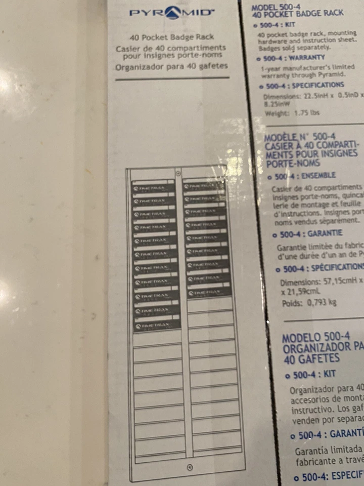 Pyramid Timetrax Badge Rack 500-4 Badge Rack 40 Pocket White Wall Mount NEW - Image 3 of 4