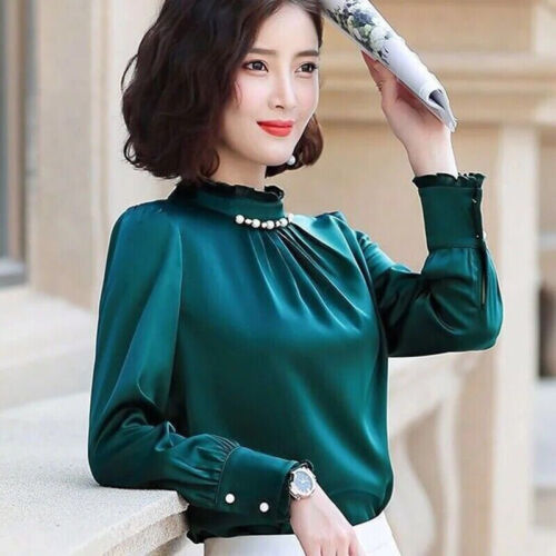Chiffon Shirt Tops Long Sleeve Plus Size Pleated Blouse Office Women Clothing