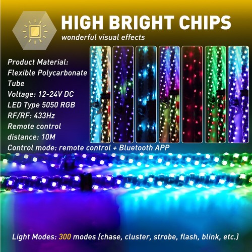2Pcs 3FT/0.9M Spiral LED Whip Lights Antenna Lamps AU APP Remote Control - Picture 9 of 11