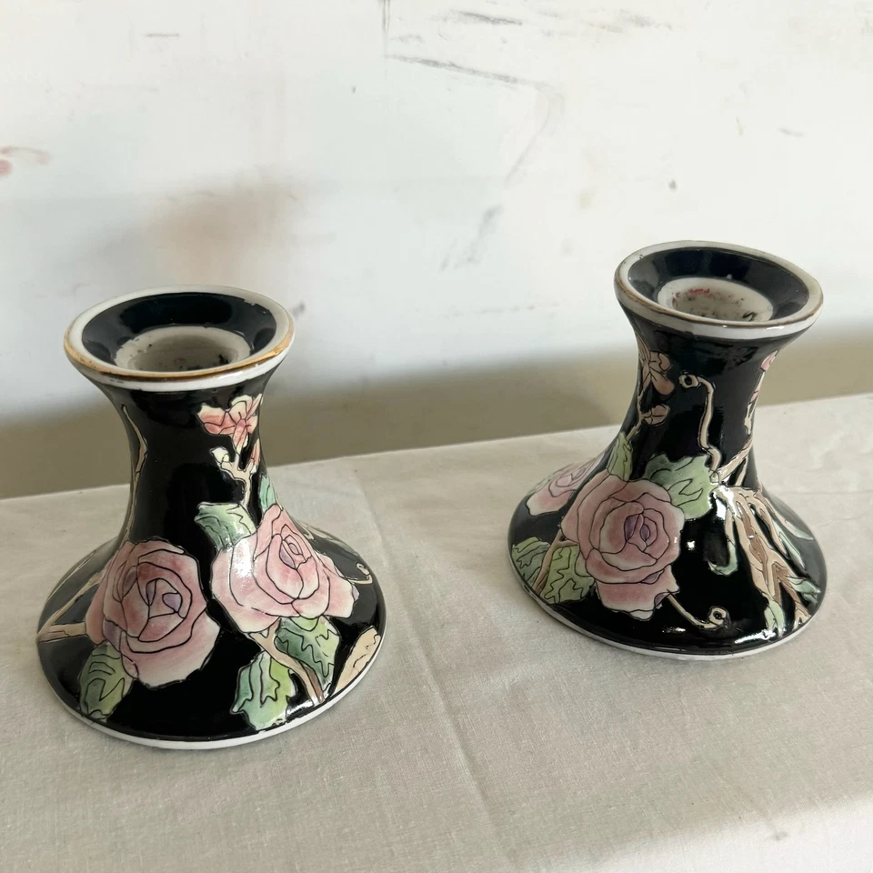 Candelabros chinos pintados y grabados a mano negros y rosas Foto 2 de 4