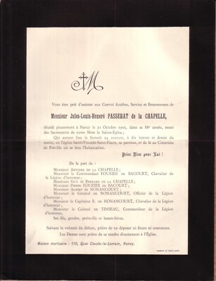 NANCY - TODESBERICHT HERR JULES LOUIS EHRE PASSAGE DE LA CHAPELLE - 1903