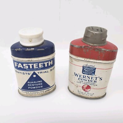 Vintage Small False Teeth Powder Tins, Wernets & Fasteeth Tins Collectible 2''