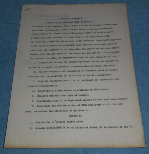 1970s US Army Assistant Chief of Staff G4 Statement Branch Division Duties Chart