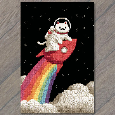 POSTCARD Cat Astronaut Rocket Rainbow Pixel Space Kawaii Cosmic Dream Ride