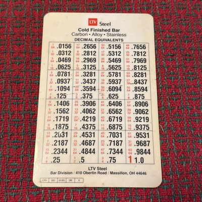 Vintage Steel Hardness Scale & decimal equivalents pocket reference card   