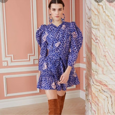 Ulla Johnson Sabine Batik Purple Cobalt Blue Cotton Womens Short Mini Dress M 10