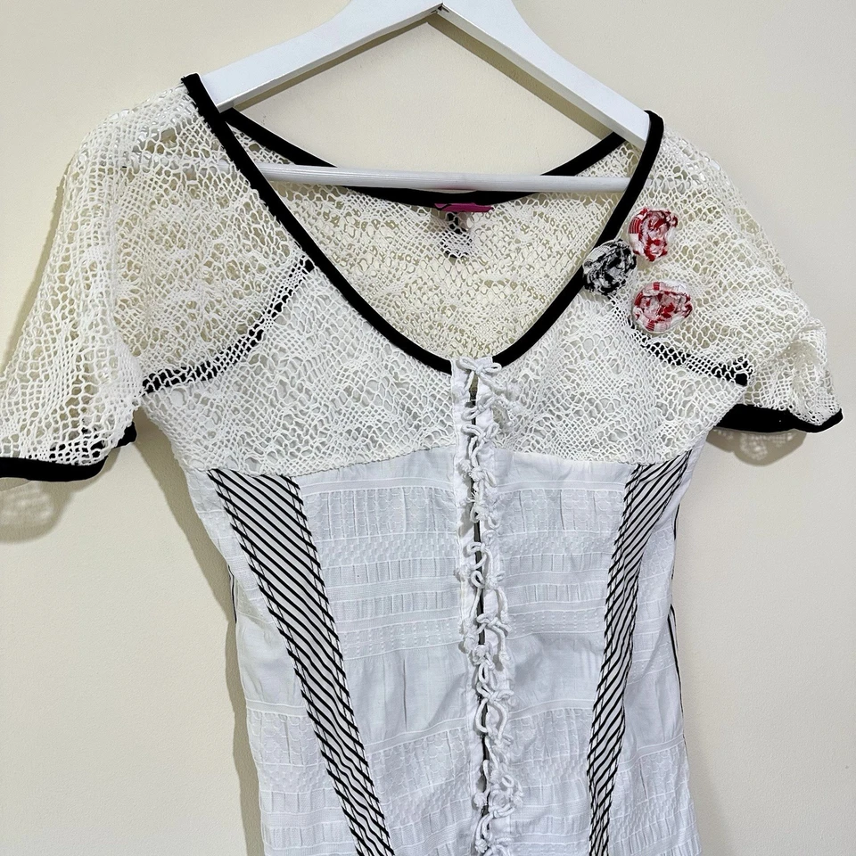 Save The Queen Size L Lace Mesh Milkmaid White Striped Short Sleeve Top Y2K - Image 2 of 4