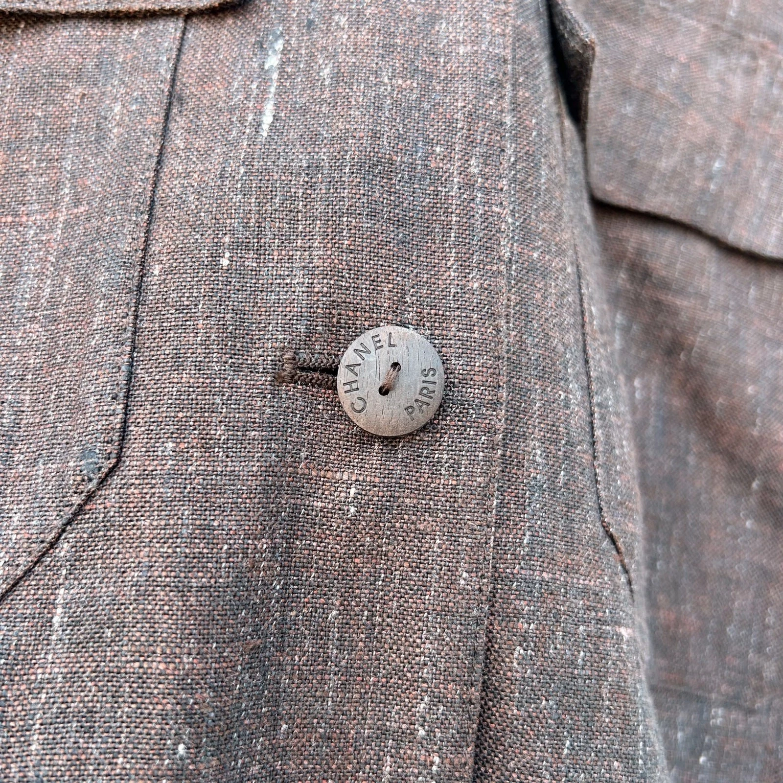 Giacca Chanel Autentica Lino Cropped Cinched Utility Top Marrone Cioccolato 36 Y2K