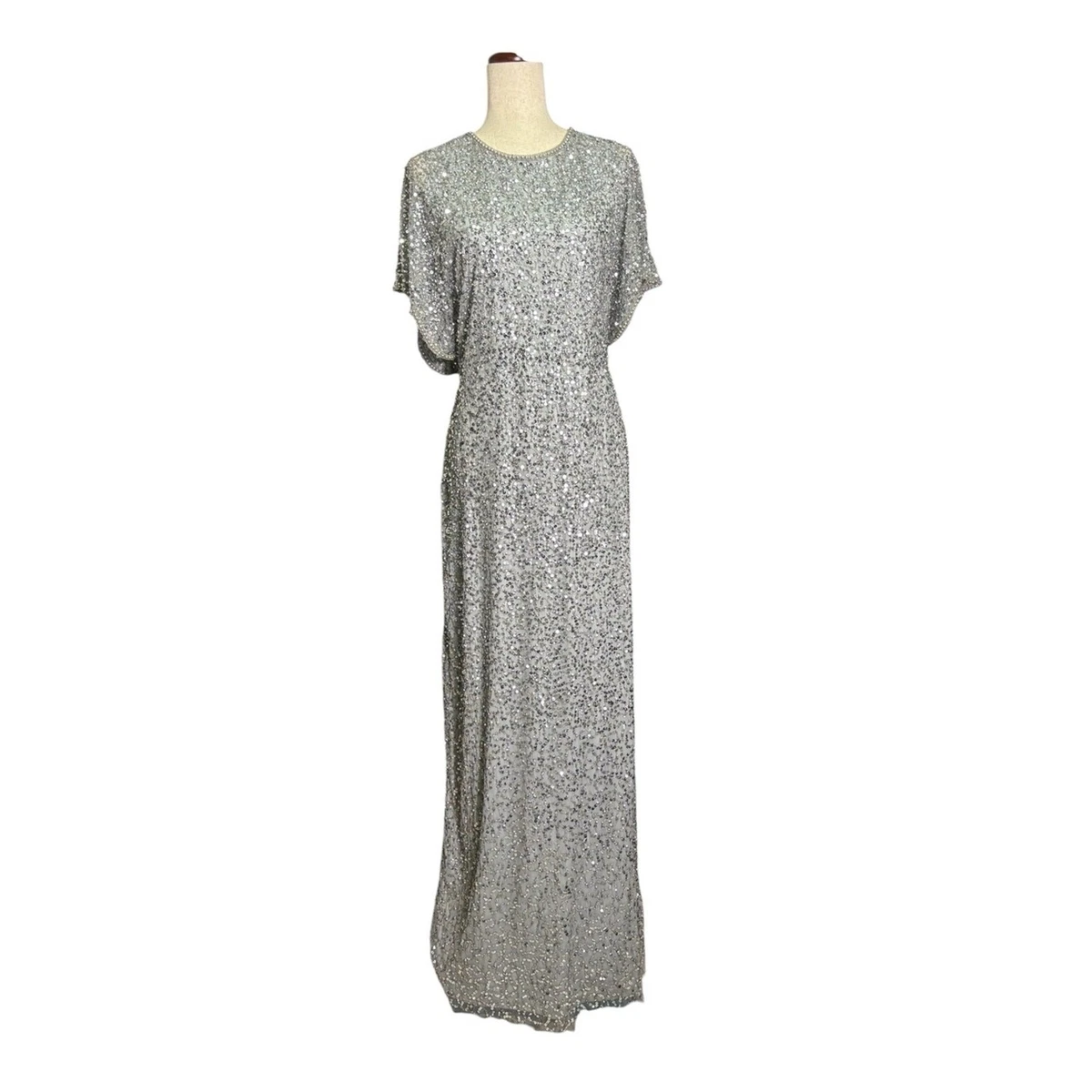 Nuevo con etiquetas Vestido de Noche Formal Adrianna Papell Cuentas Lentejuelas Gris Plateado 18W B8